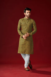 Ensemble pyjama Kurta en coton vert imprimé pour homme